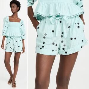 TANYA TAYLOR Flora Shorts Sunburst Araucana Multi Blue Elastic Waist Large NEW